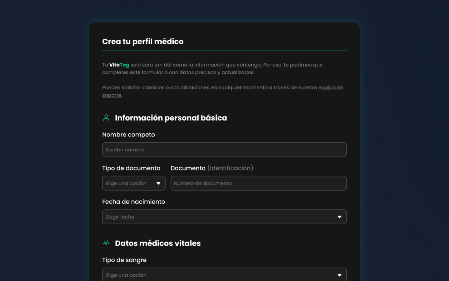 Vitatag · Detalle de componente · Crea tu perfil médico