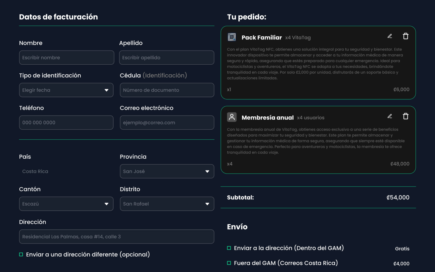 Vitatag · Detalle de componente · Checkout