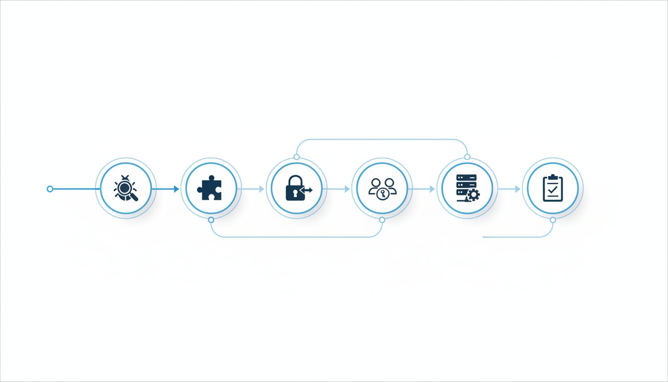 Auditoría de seguridad WordPress: qué incluye, cuándo hacerla y cuánto cuesta | Gulupa Digital Diagrama visual del flujo de una auditoría de seguridad WordPress