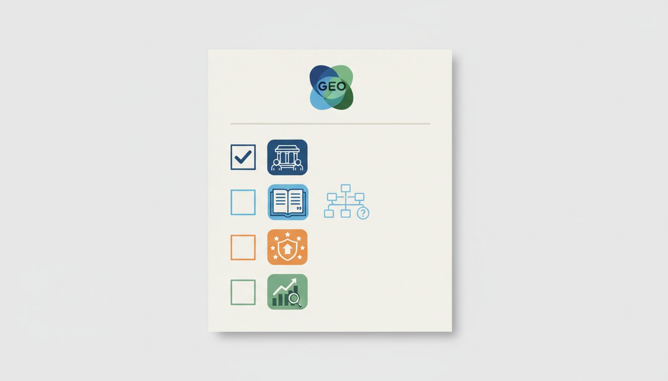 Qué es GEO y cómo posicionar tu marca en IA en 2026 | Gulupa Digital Checklist visual de GEO con entidad, contenido, estructura, autoridad y medición