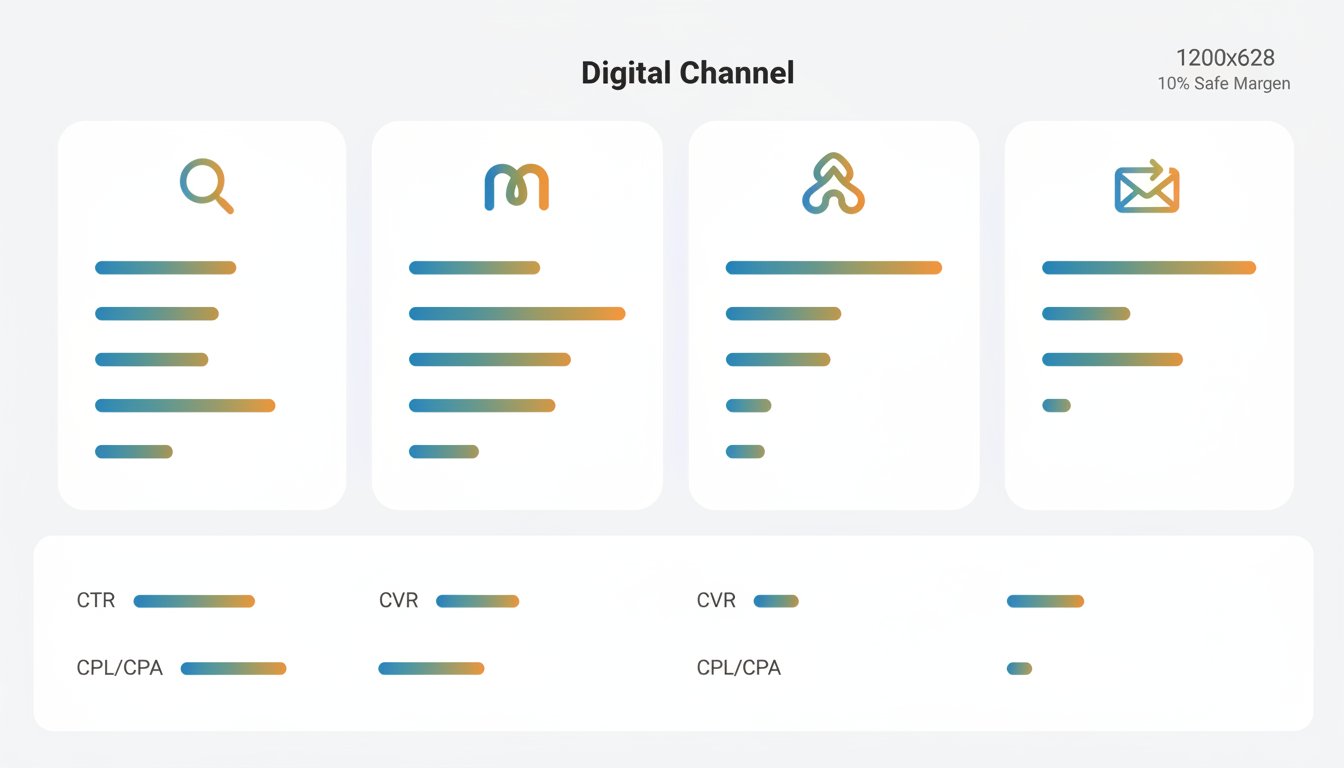 Benchmarks marketing digital Colombia: rangos de conversión | Gulupa Digital Tabla visual de benchmarks por canal (Search, Meta, SEO, Email) en Colombia