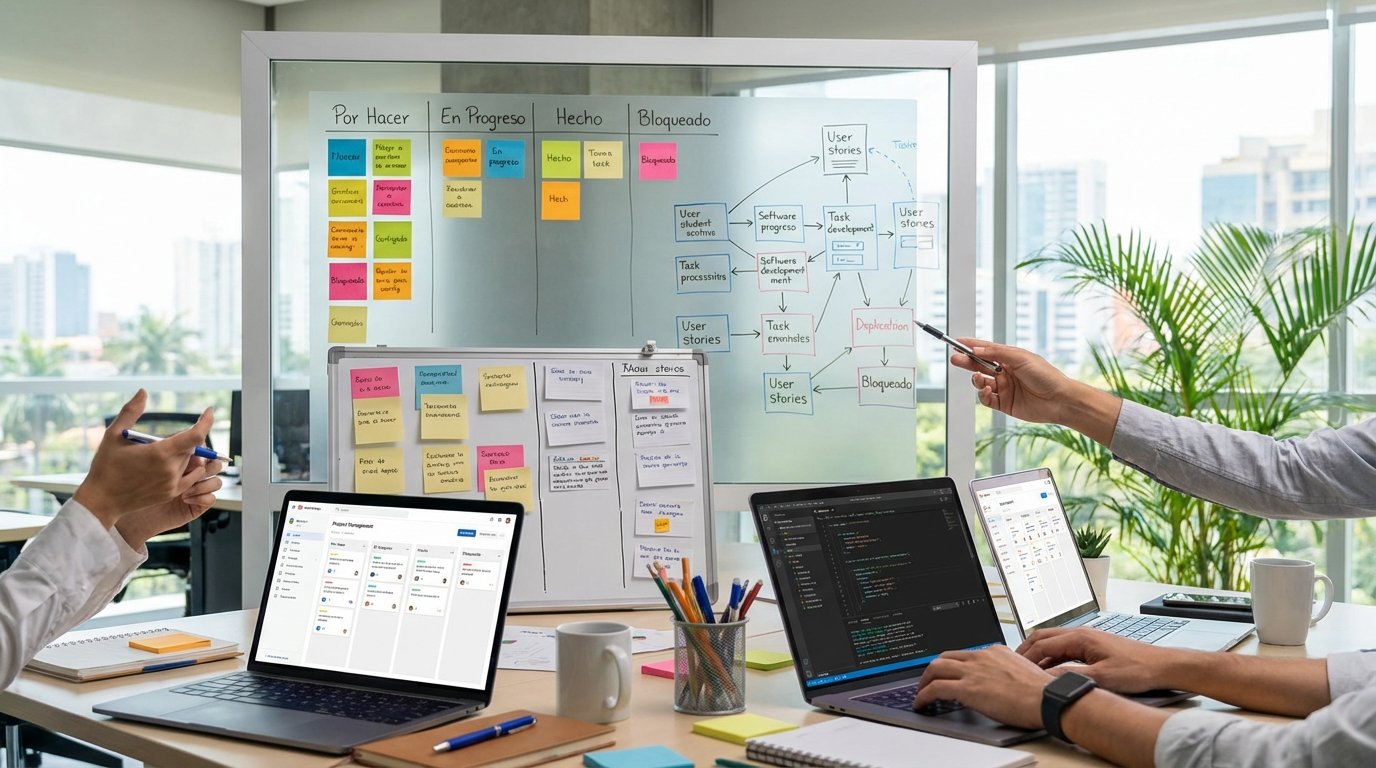 Espacio de trabajo corporativo con tablero ágil y laptops para representar nearshore web sin rostros.