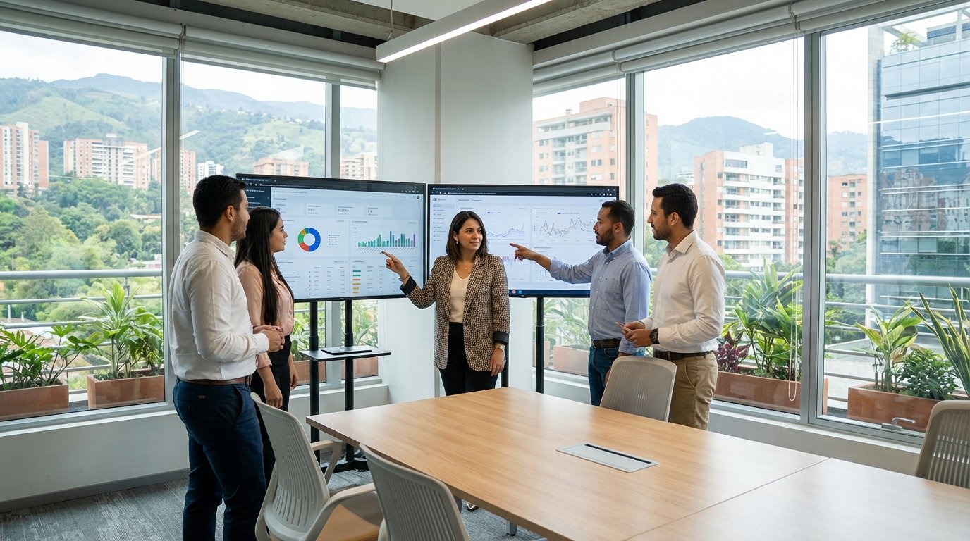 Equipo de marketing revisando estrategia digital en Medellín