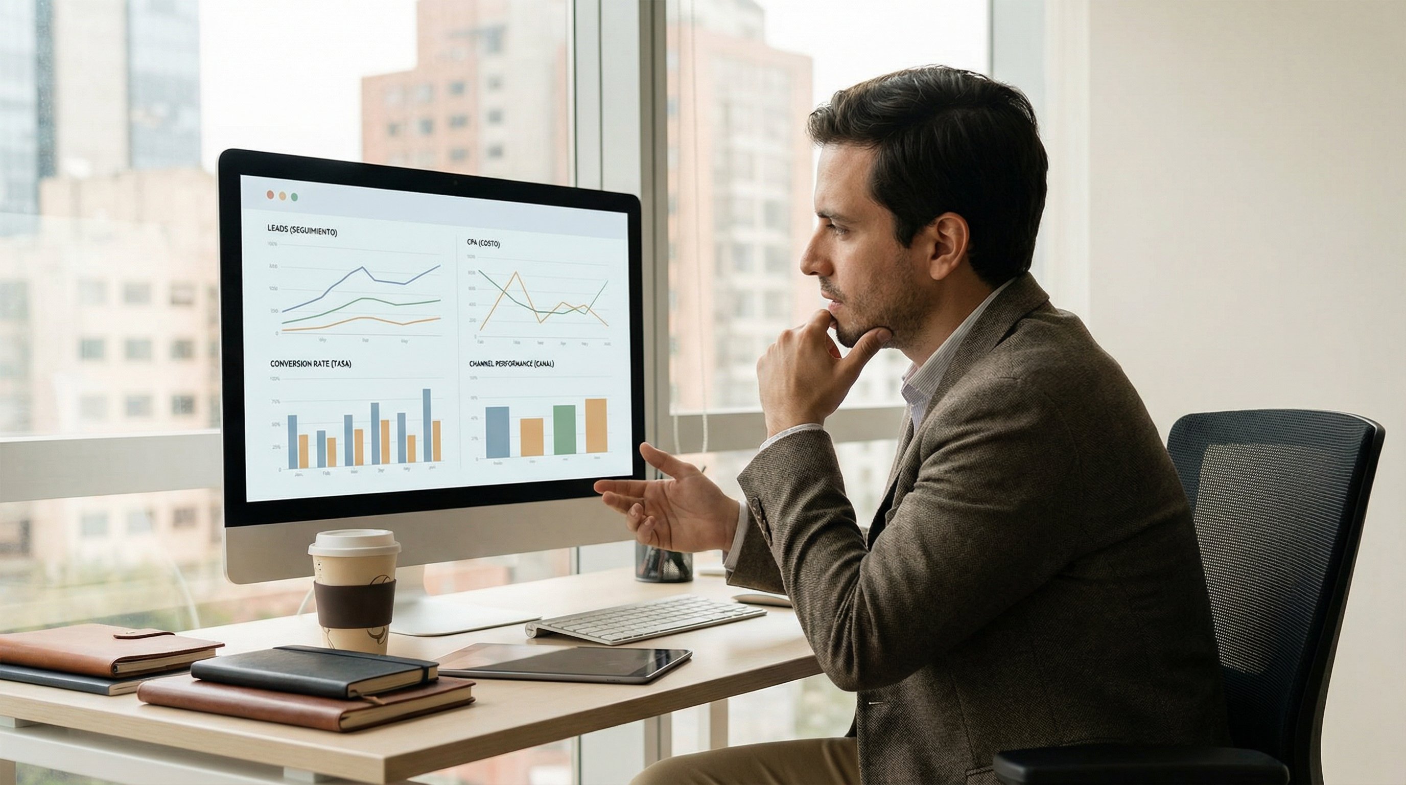 Gerente de marketing revisando métricas de leads, CPA y conversiones en un dashboard profesional