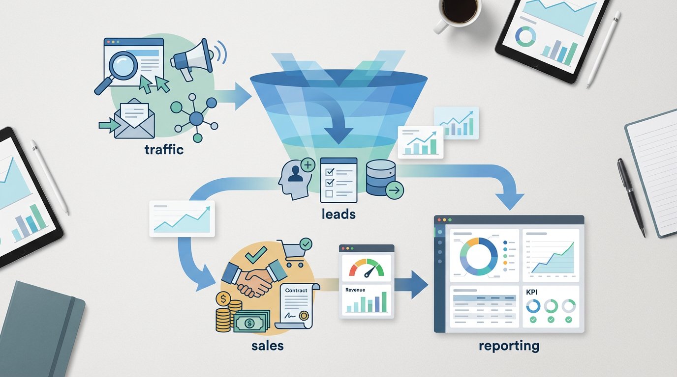 Agencia de marketing digital para empresas medianas en EE. UU. | Gulupa Digital Diagrama del embudo de marketing y ventas con métricas y canales