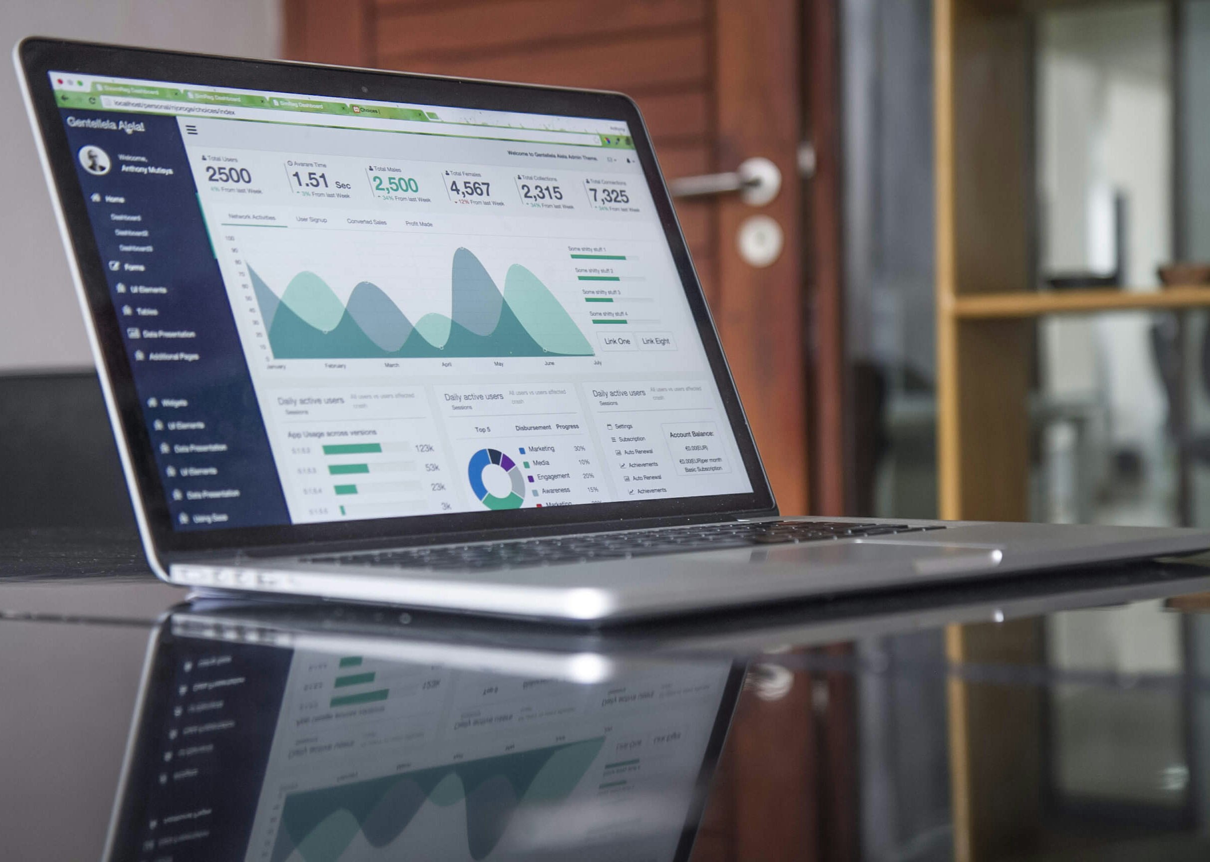 Laptop con gráficos estadísticos y analytics - decisiones de marketing basadas en datos