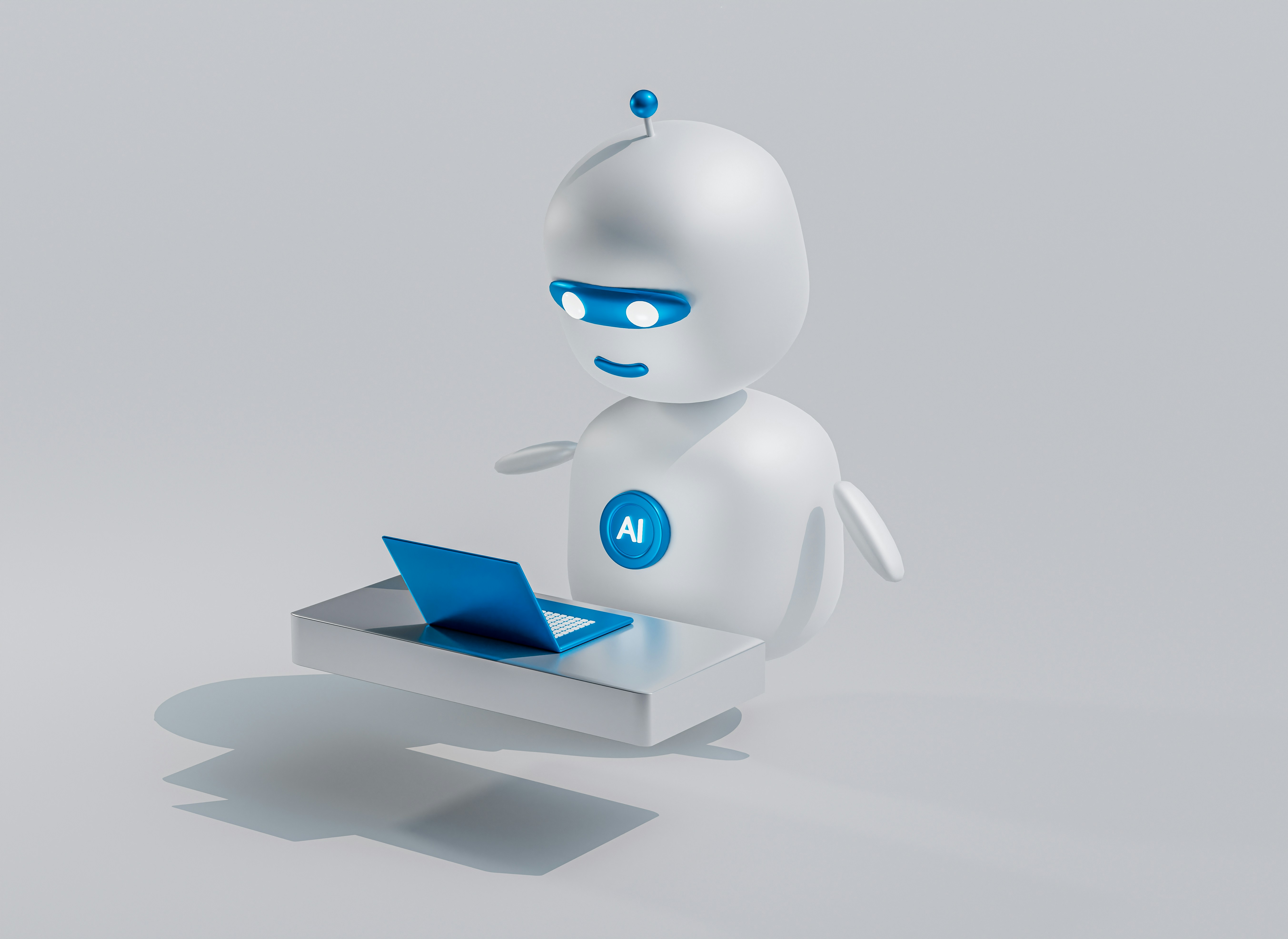 Robot blanco con ojos azules frente a laptop - inteligencia artificial para atención al cliente