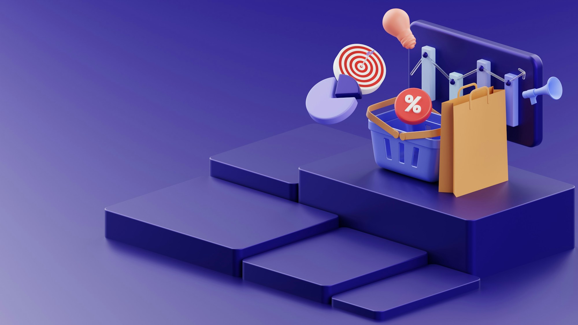 Ilustración de e-commerce con carrito de compras y objetivo - SEO WooCommerce y Google Shopping en Colombia